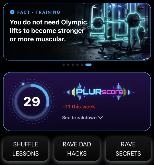 PLURpulse home screen: a training fact card and the PLURscore with this week's change
