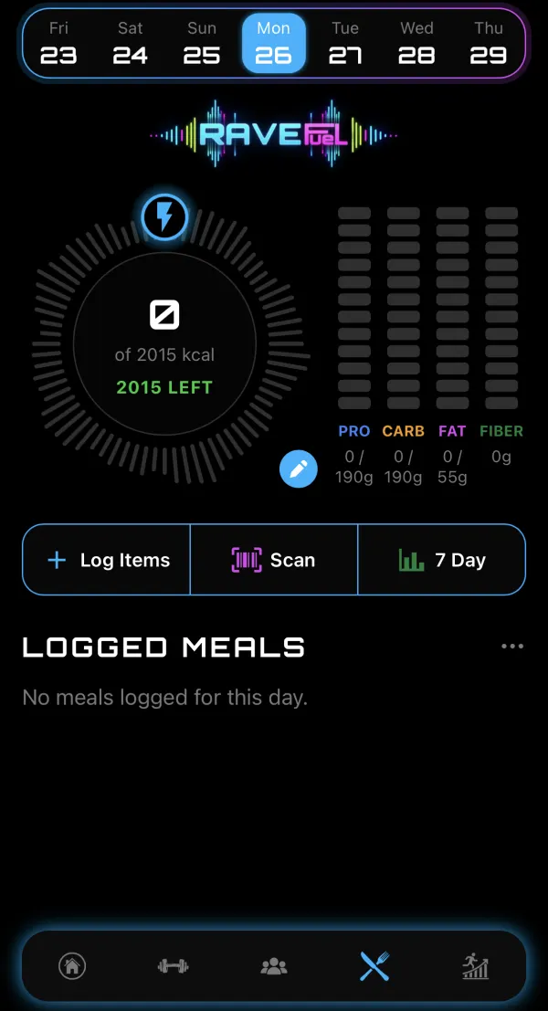 RAVEfuel screen: calories left for the day, protein, carbs, fat and fiber, and buttons to log items, scan or see 7 days